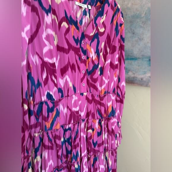 New Chico’s Ikat Tiered Colorful Maxi Dress Pink Women’s 1 P Petite - Picture 2 of 6